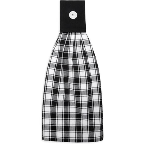 Black White Check Hanging Kitchen Towels Set Cotton Dish Hand Towels Button - Picture 5 of 8